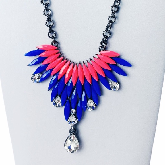 Amrita Singh Gunmetal Blue & Pink Austrian Crystal Bib Modern Bubble Necklace - Picture 4 of 15